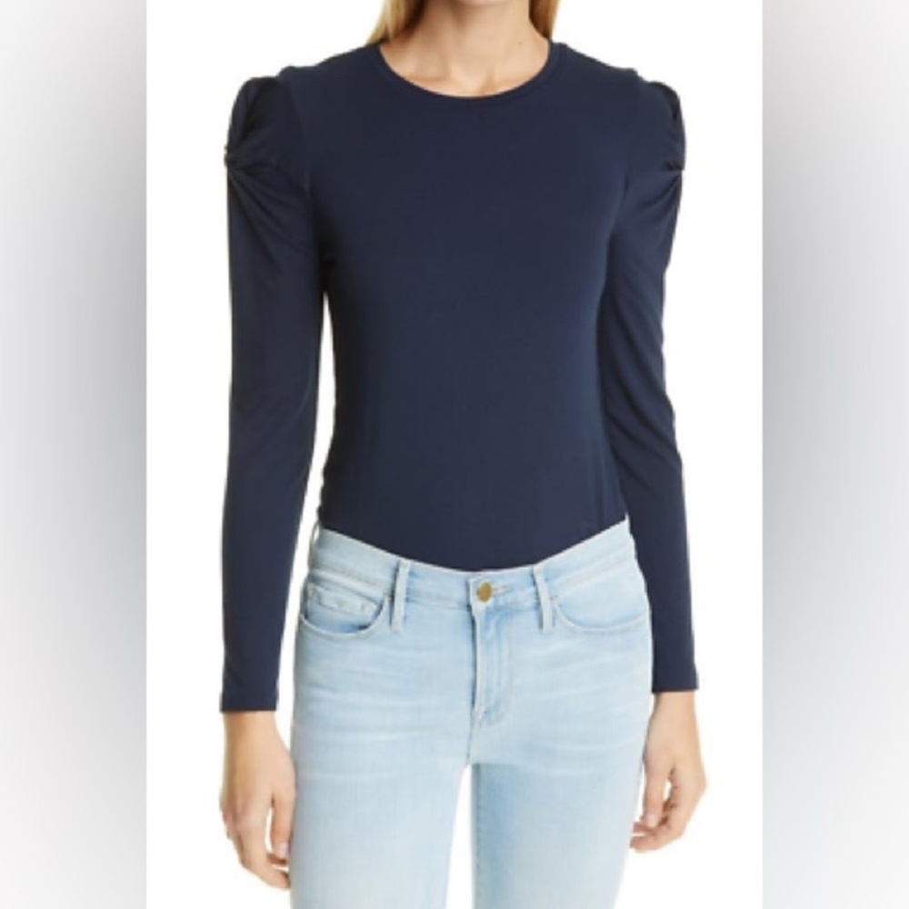 Frame Navy Twist Sleeve Knit Top